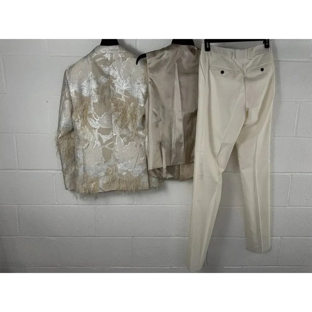 Torres Mens Tuxedo Suit 38 US 48 EU Beige Floral Borcade Tasseled 3pcs Set N11